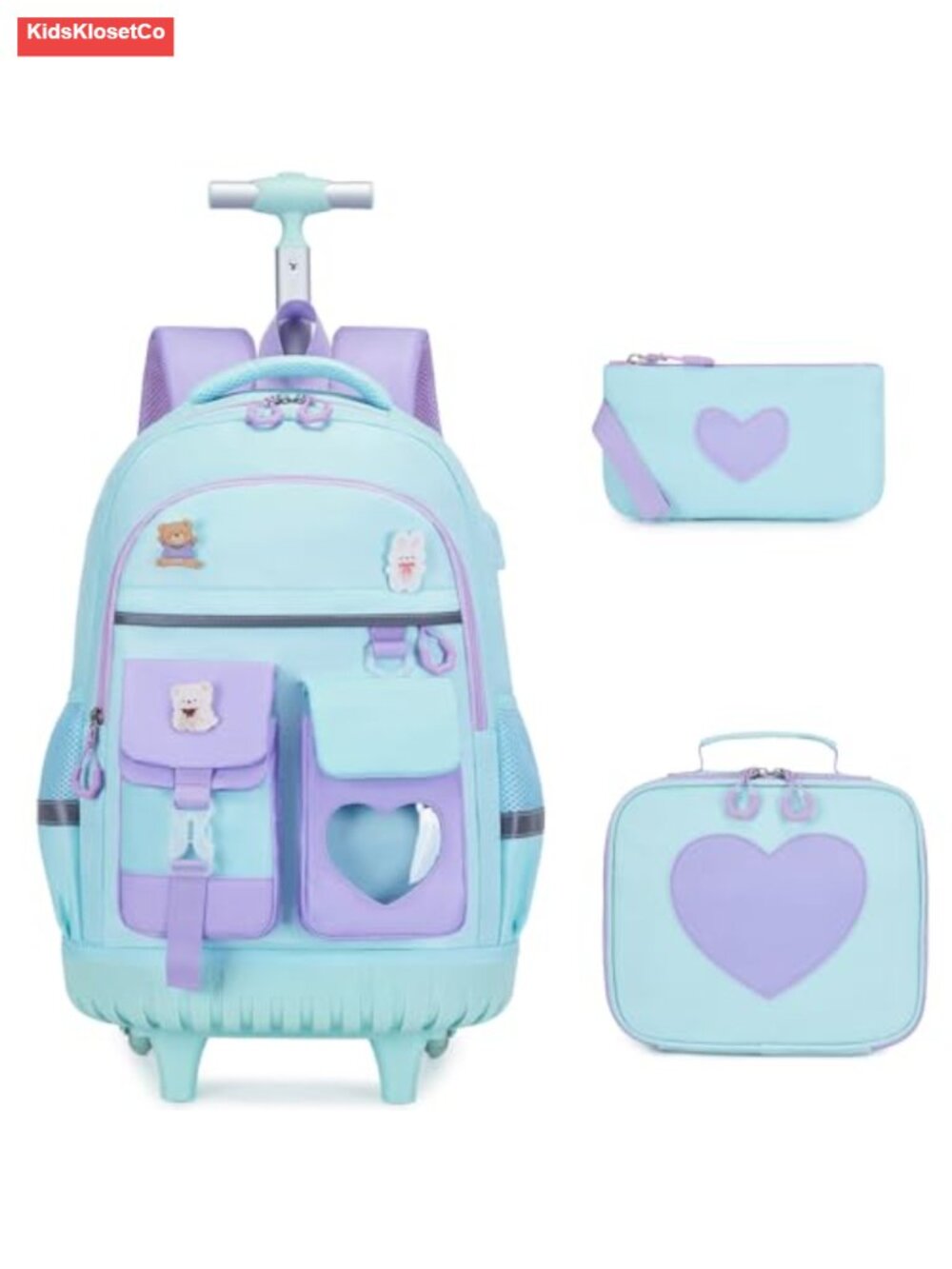 Rolling Backpack with Lunch Bag & Pencil Pouch, Foldable Wheeled School Bag for